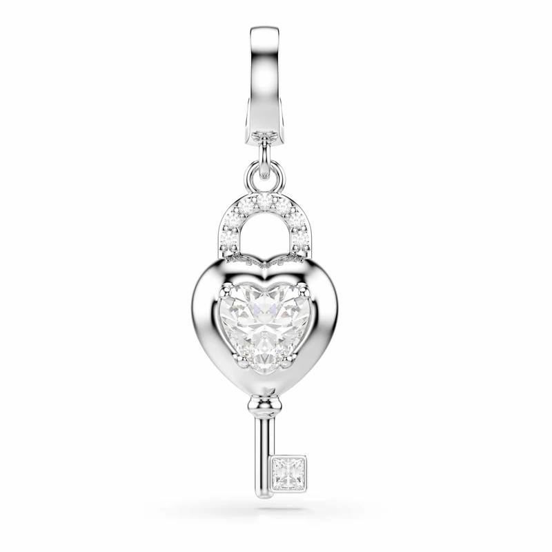 Swarovski Idyllia Charm, Mixed Cuts, Heart With Key, White, Rhodium Plated