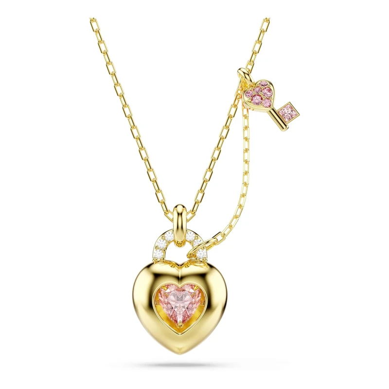 Swarovski Idyllia pendant, Mixed cuts, Heart, Key, Pink, Gold-tone plated