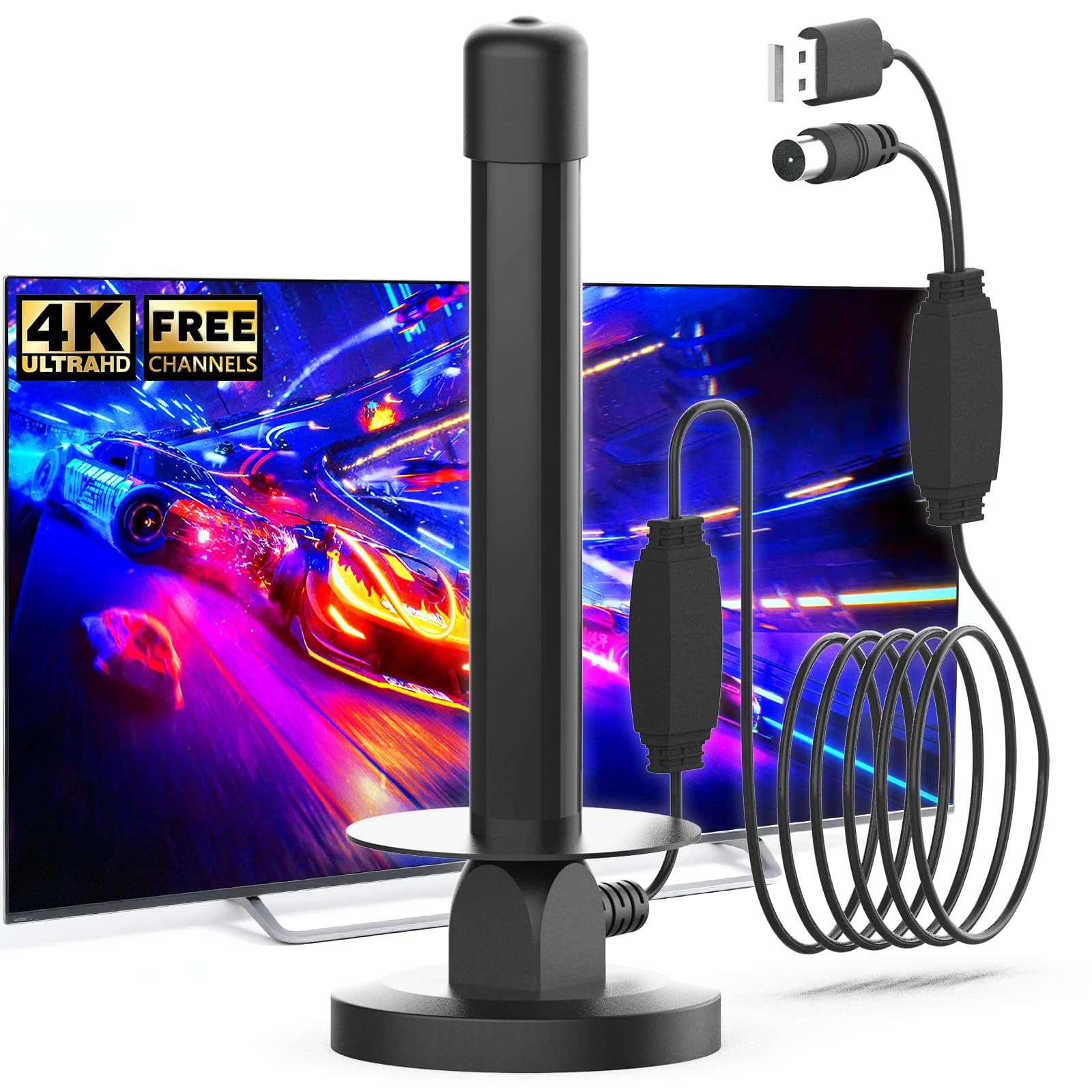 TV Aerial Indoor with Amplifier – Magnetic Base 360° Signal Reception, Compatible with All TVs, Supports 8K 4K 1080P – Digital TV Aerial Indoor for Smart TV, Freeview HD Channels – 5m Coaxial Cable