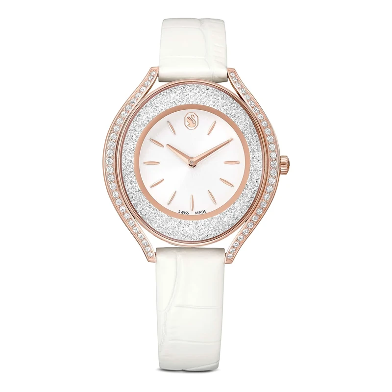 Swarovski Crystalline Aura Watch, Swiss Made, Leather Strap, White, Rose Gold-Tone Finish