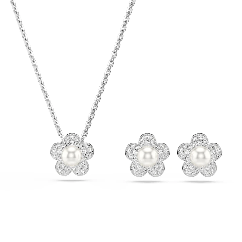 Swarovski X Ariana Grande set, Crystal pearl, Round cut, Flower, White, Rhodium plated