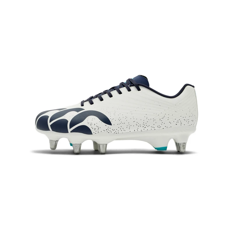Canterbury Adult Unisex Stamped Ground Break Team Soft Ground Rugby Boot, White/Baltic Green, 6.5