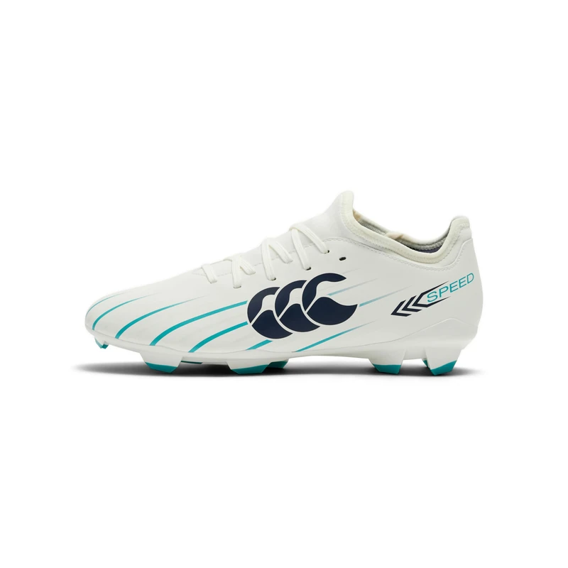 Canterbury Adult Unisex Speed Falcon 2.0 Team Firm Ground Rugby Boot, White/Baltic Green, 7.5