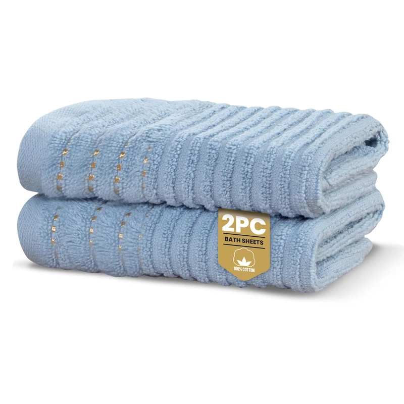 Rapport Home Linear Bath Sheets 2 Pack | Sky Blue | 90x140cm | Luxurious 500GSM 100% Cotton | Oeko-Tex Certified Absorbent & Soft Bathroom Towels