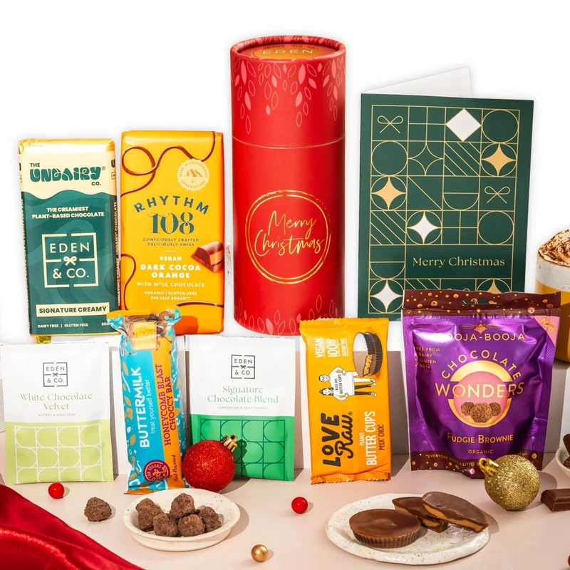 Christmas Vegan Chocolate Letterbox Gift Tube with Truffles & Hot Chocolate, Luxury Gourmet Gifts for Women, Men, Xmas Stocking Filler by EDEN & CO