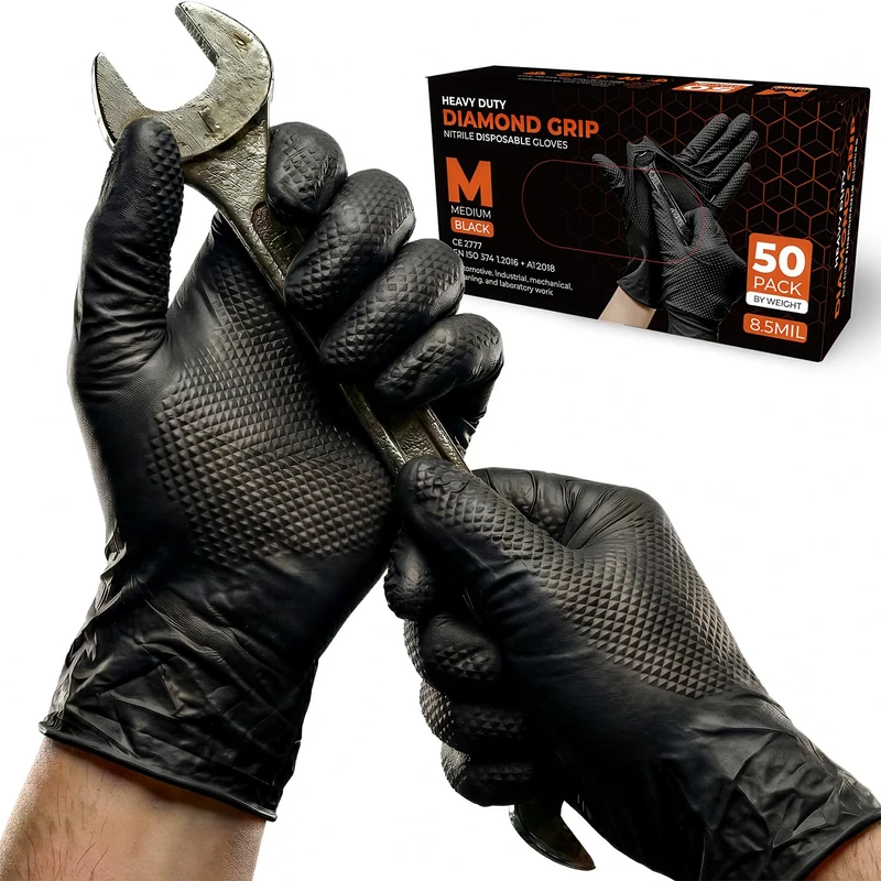 PRAIMA Mechanic Gloves, Diamond Grip Black Nitrile Disposable Gloves | Powder-Free, Latex-Free, Extra Thick & Strong Rubber Gloves for Work, Automotive, Industrial, and Cleaning Use (M, 500, count)