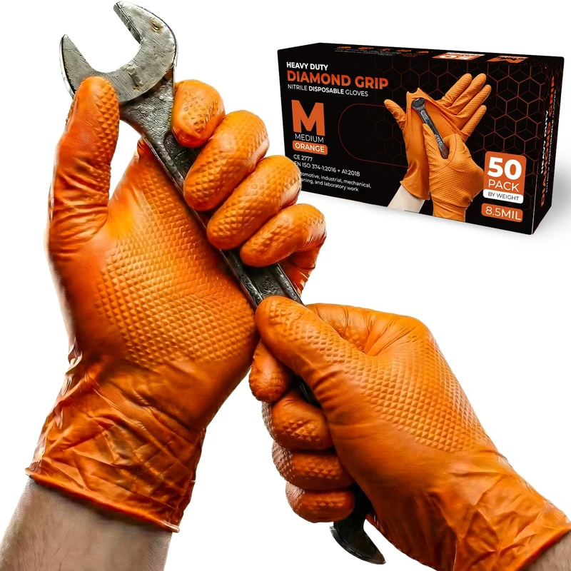 PRAIMA Mechanic Gloves, Diamond Grip Orange Nitrile Disposable Gloves | Powder-Free, Latex-Free, Extra Thick & Strong Rubber Gloves for Work, Automotive, Industrial, and Cleaning Use (M, 500, count)
