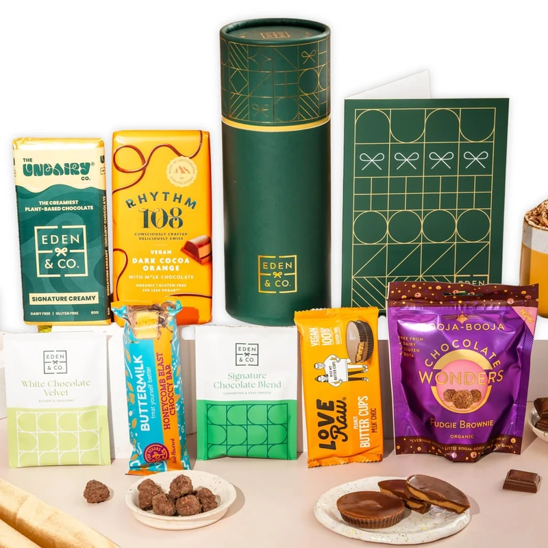 Premium Vegan Chocolate Letterbox Gift Tube with Truffles & Hot Chocolate, Luxury Gourmet Gifts for Women, Men, Couples by EDEN & CO