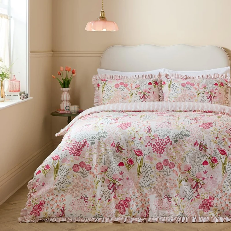 furn. Gardenia Duvet Cover Set – Reversible Botanical Floral Striped Ruffle Bedding (Pink Pebble – Super King)