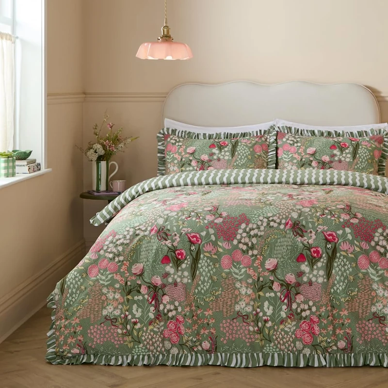 furn. Gardenia Duvet Cover Set – Reversible Botanical Floral Striped Ruffle Bedding (Pink Forest – King)