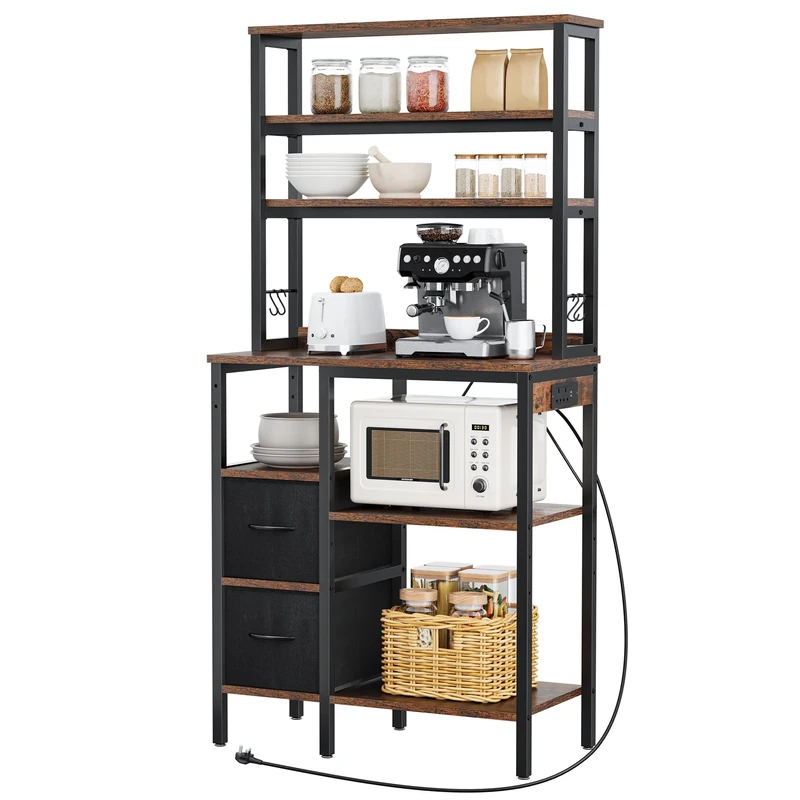 YITAHOME Kitchen Storage Rack with Power Outlet, 2 AC outlets 2 USB ports, Coffee Bar, Baker's Rack with 2 Drawers and 4 Hooks, microwave shelf, for oven, 31.5 x 15.7 x 66 inch, Rustic Brown and Black
