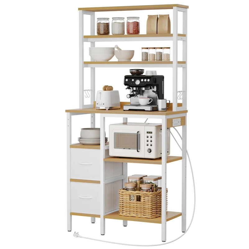 YITAHOME Kitchen Storage Rack with Power Outlet, 2 AC outlets 2 USB ports, Coffee Bar, Baker's Rack with 2 Drawers and 4 Hooks, microwave shelf, for oven, 31.5 x 15.7 x 66 inch, Oak and White