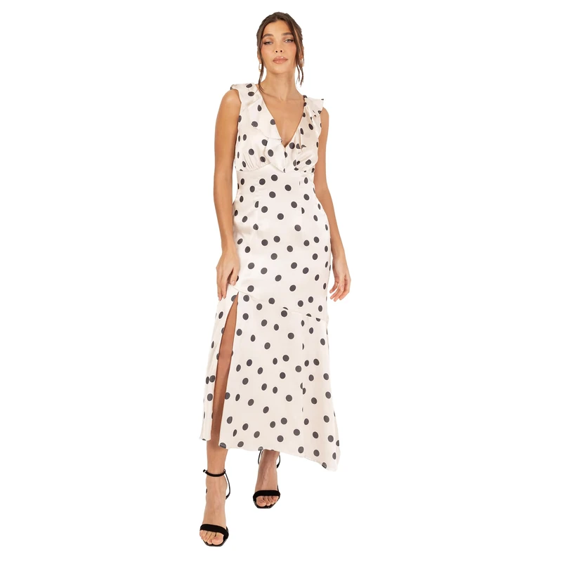 Anaya with Love Women's Midi Dress Ladies Recycled Sleeveless Deep V-Neck Satin Pola Dot Tie-Back Ribbon Empire A-line Ruffle Asymmetric, Cream 26