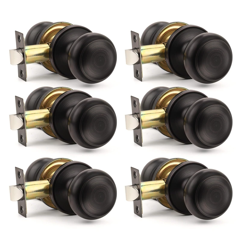Orger 6 Pack Oil Rubber Bronze Passage Door Knobs Interior, Classic Round Shape Bronze Doorknobs with Non-Locking, Keyless Modern Design Door Lockset for Closet and Hallways
