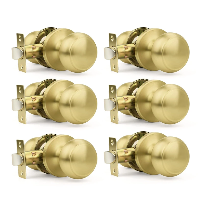 Orger 6 Pack Brushed Brass Passage Door Knobs Interior, Classic Round Shape Copper Doorknobs with Non-Locking, Keyless Modern Design Door Lockset for Closet and Hallways