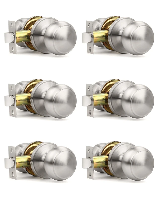 Orger 6 Pack Brushed Nickel Passage Door Knobs Interior, Classic Round Shape Stain Nickel Closet Doorknobs with Non-Locking, Keyless Modern Design Door Lockset for Closet and Hallways