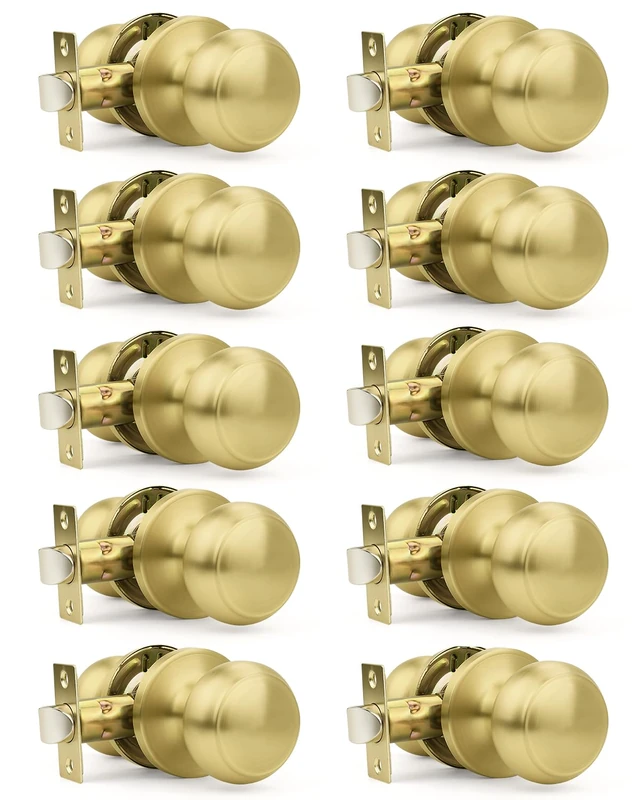 Orger 10 Pack Brushed Brass Passage Door Knobs Interior, Classic Round Shape Copper Doorknobs with Non-Locking, Keyless Modern Design Door Lockset for Closet and Hallways