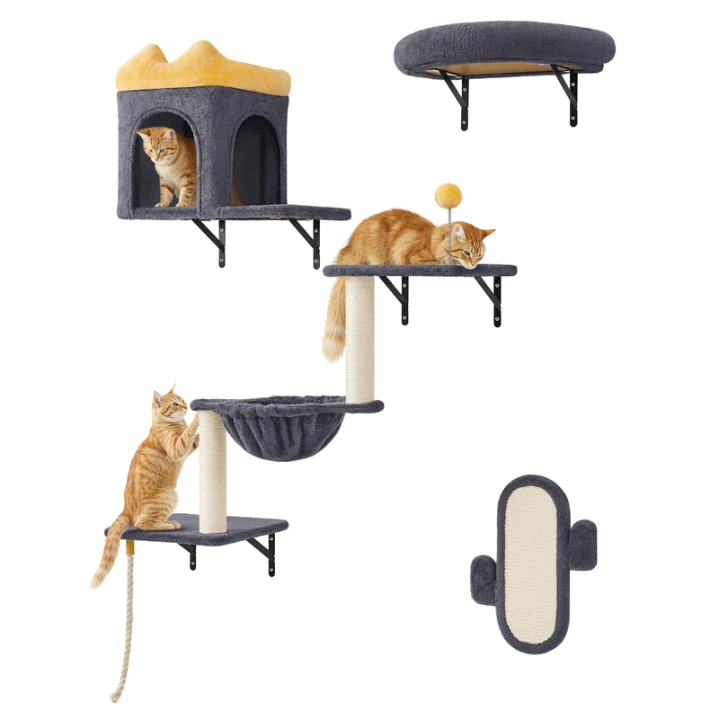 Yaheetech Cat Wall Furniture Set, 4 in 1 Wall-Mounted Cat Shelves with Cats Scratching Posts and Perches, Condos House, Baskets, Cat Tree for Indoor Kittens, Cat Climbing Frame Set, Dark Gray