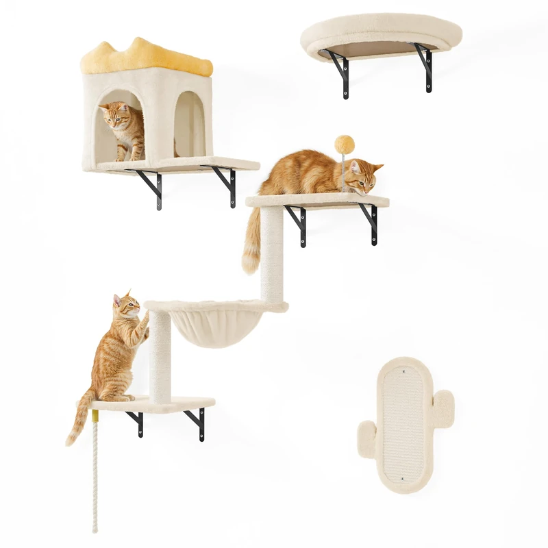 Yaheetech Cat Wall Furniture Set, 4 in 1 Wall-Mounted Cat Shelves with Cats Scratching Posts and Perches, Condos House, Baskets, Cat Tree for Indoor Kittens, Cat Climbing Frame Set, Beige