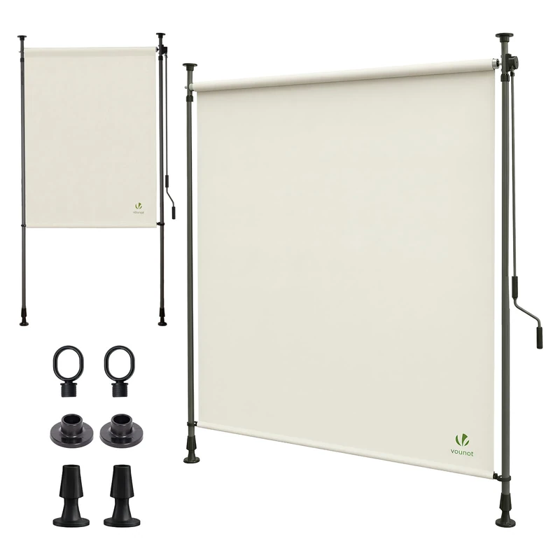 VOUNOT® Vertical Awning 100 x 310 cm Without Holes with Crank and Extendable Outdoor Sun Shade UV and Weather Resistant for Balcony, Terrace and Garden, Beige