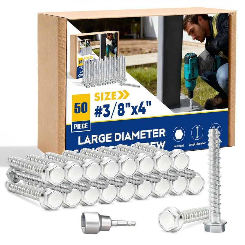 3/8" x 4" Large Diameter Concrete Screw 50 Pack - Heavy Duty Concrete Anchors, Masonry Screws for Brick, Block, Wood & Framing - Zinc Plated Hex Screws