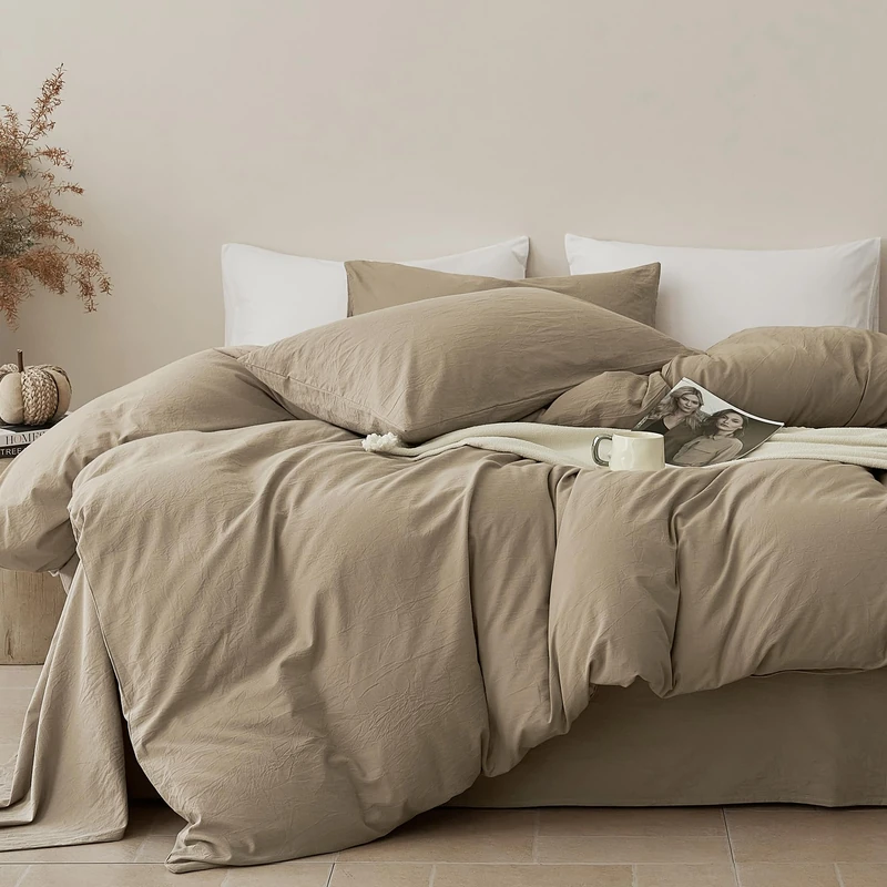JELLYMONI 100% Cotton Twin Duvet Cover Set, Washed Linen-Like Texture