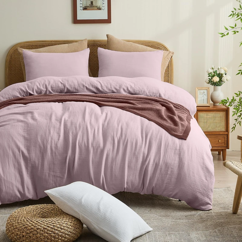MEISHANG Muslin Duvet Cover King Size - 100% Organic Cotton, Soft Textured Gauze Weave Comforter Cover for Breathable All-Season with Zipper Closure - 3 Piece Set (King, Light Purple)