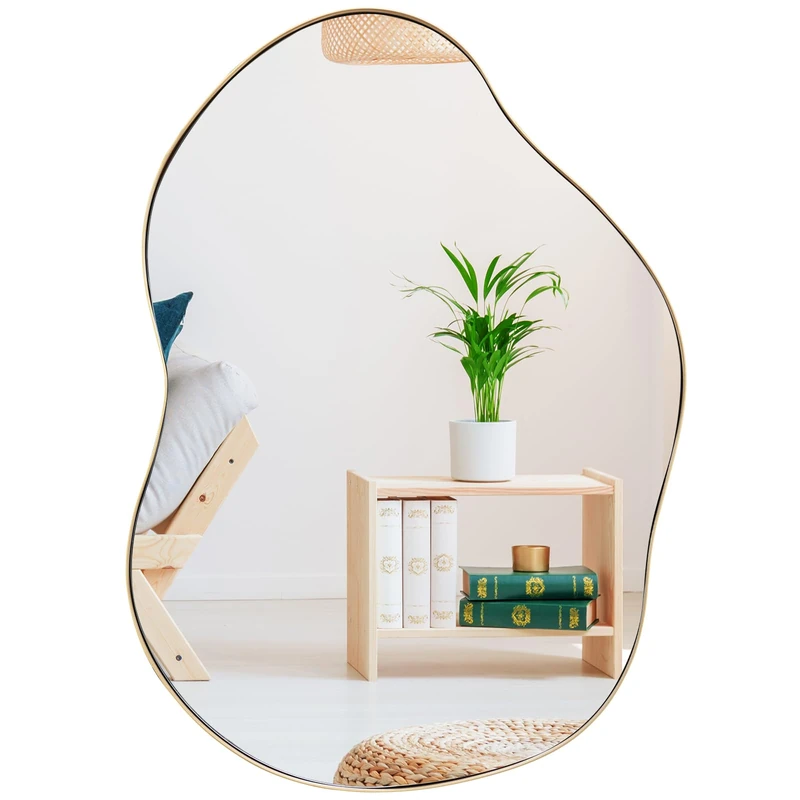 FANTASK Asymmetric Wall Mirror, Irregular Hanging Mirror with Gold Frame, Modern Makeup Mirror Decorative for Hallway, Bathroom, Bedroom, 78 x 56 cm, Golden
