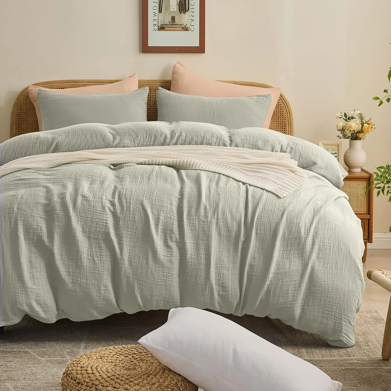 MEISHANG Muslin Duvet Cover Queen Size - 100% Organic Cotton, Soft Textured Gauze Weave Comforter Cover for Breathable All-Season with Zipper Closure - 3 Piece Set (Queen, Light Grey)