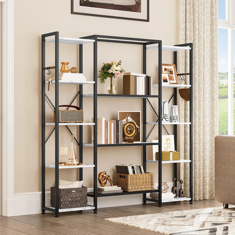 YITAHOME Industrial Bookcase 73 cm Wide, Standing Open Wooden and Metal Frame with 13 Shelves, Display Shelf for Living Room, Home Office