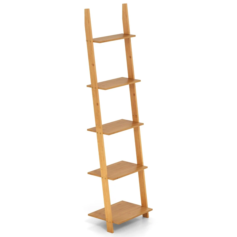 FANTASK Bamboo Ladder Shelf with 5 Shelves, Slim Standing Shelf, Space-Saving, Bookcase Tall for Living Room, Office, Bedroom, 43 x 35 x 165 cm