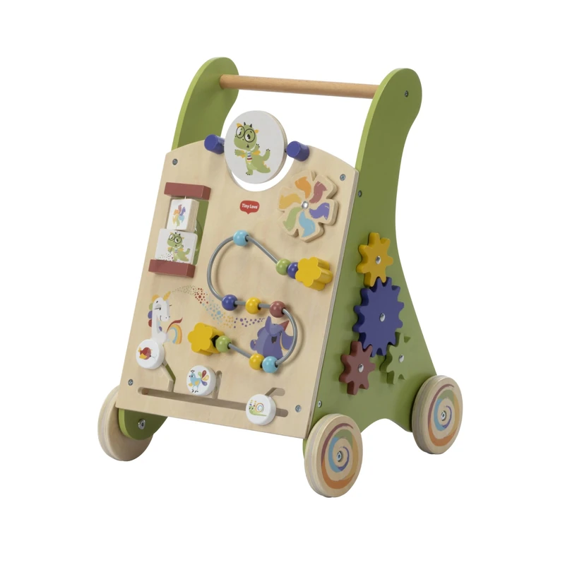 Tiny Love Wooden Activity Walk Behind, Baby Walker,12 Interactive Activities, 2-in-1 Activity Walker, Supports Motor Skills,Cognitive Development, Comfortable Natural Design, 18+ Months, Born To Party