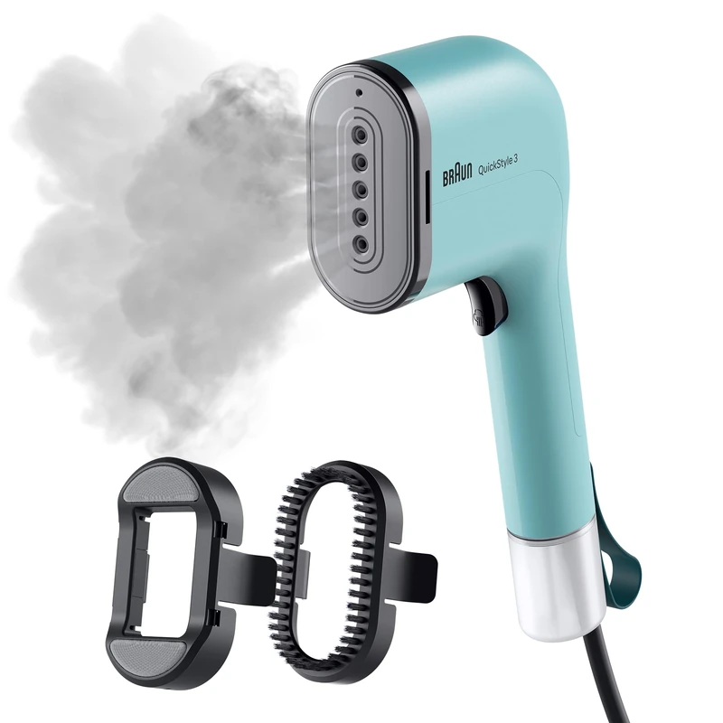 Braun QuickStyle 3 – Compact & Lightweight Handheld Garment Steamer, Fast Heat-Up, 20 g/min Steam Output, 70 ml Removable Water Tank, Heat-Resistant Travel Pouch, Green (GS3013GR)