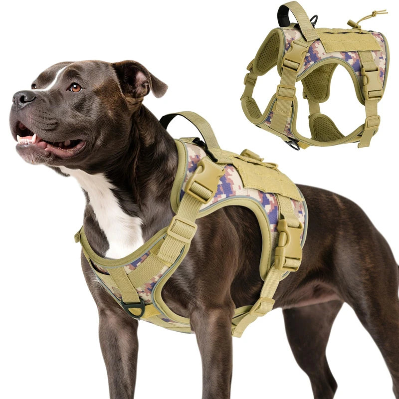 VavoPaw Heavy Duty Tactical Dog Harness for Large Dogs, No Pull Adjustable Pet Harness Reflective Service Training Easy Control Pet Vest Military K9 Working Dog Harnesses, Desert Camouflage, M