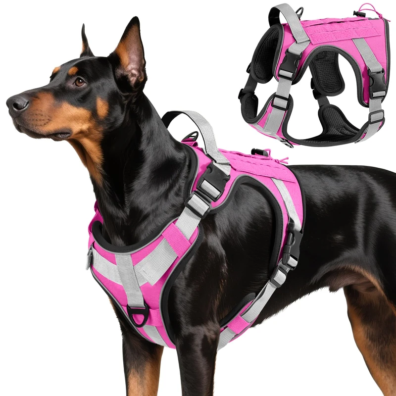 VavoPaw Heavy Duty Tactical Dog Harness for Large Dogs, No Pull Adjustable Pet Harness Reflective Service Training Easy Control Pet Vest Military K9 Working Dog Harnesses, Pink, L