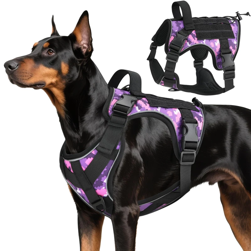 VavoPaw Heavy Duty Tactical Dog Harness for Large Dogs, No Pull Adjustable Pet Harness Reflective Service Training Easy Control Pet Vest Military K9 Working Dog Harnesses, Purple Camouflage, L