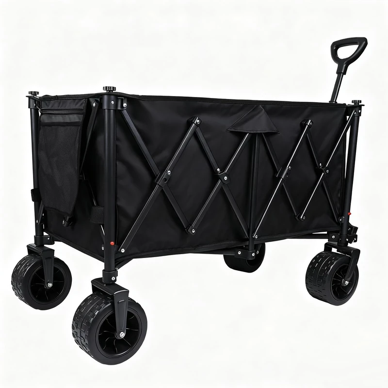 Heavy Duty Folding Camping Wagon Cart, 68L Capacity All-Terrain Beach Trolley with 10" Wheels, Collapsible Festival & Garden Utility Pull Cart, Black