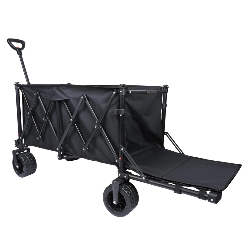 YEAUPE PRO Folding Camping Wagon – Heavy Duty Collapsible Utility Cart with Dual Cross Frame, 7” Tank Wheels, Front Double Brake, 100×60cm Mesh Bag, Black Foldable Outdoor Trolley，200L
