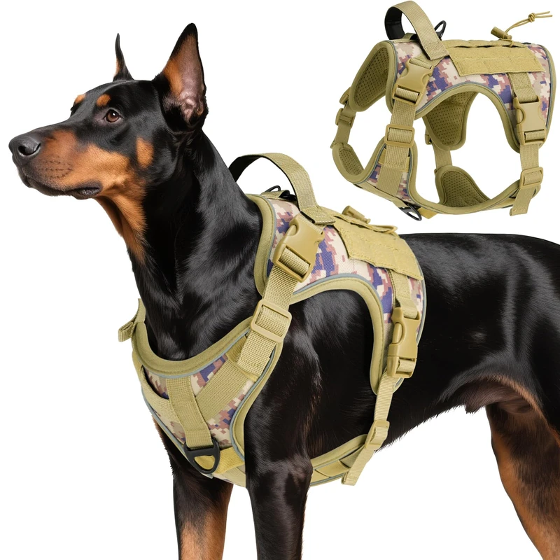 VavoPaw Heavy Duty Tactical Dog Harness for Large Dogs, No Pull Adjustable Pet Harness Reflective Service Training Easy Control Pet Vest Military K9 Working Dog Harnesses, Desert Camouflage, L