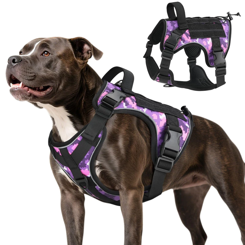 VavoPaw Heavy Duty Tactical Dog Harness for Large Dogs, No Pull Adjustable Pet Harness Reflective Service Training Easy Control Pet Vest Military K9 Working Dog Harnesses, Purple Camouflage, M