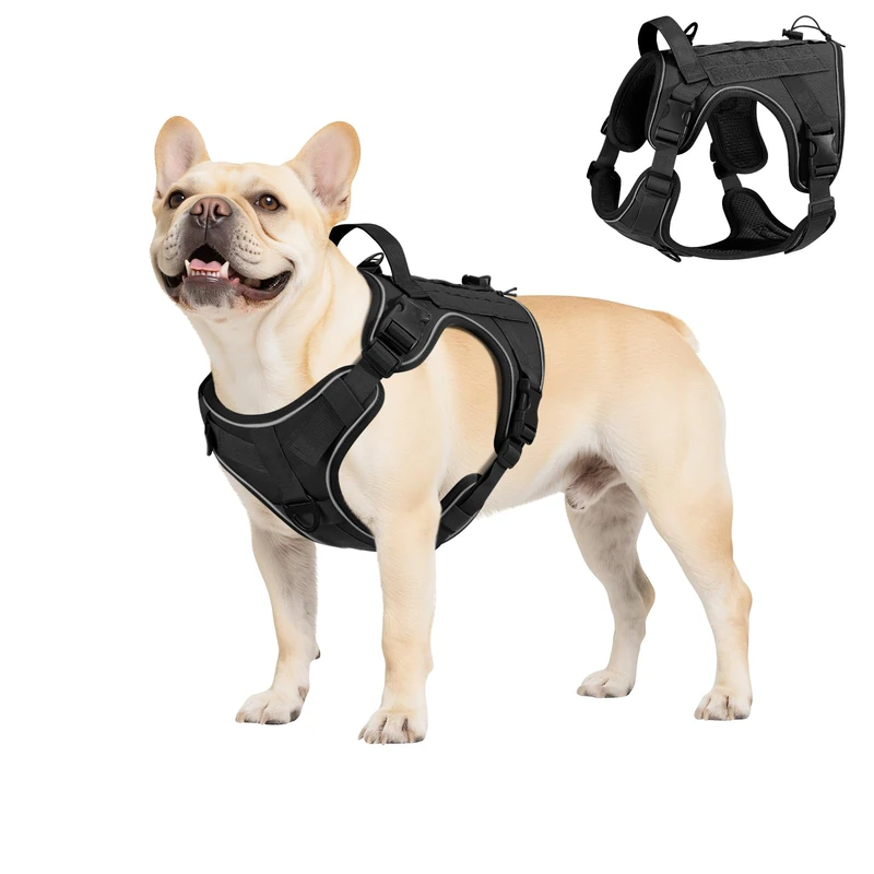 VavoPaw Heavy Duty Tactical Dog Harness for Large Dogs, No Pull Adjustable Pet Harness Reflective Service Training Easy Control Pet Vest Military K9 Working Dog Harnesses, Black, S