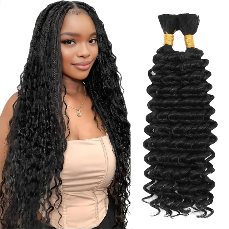 Evaxilc Human Braids Hair Deep Wave #1B Natural Black Color 24 24 Inch No Weft Unprocessed Virgin Bulk Human Hair Braiding For Woman 50g/bundle Total 100g
