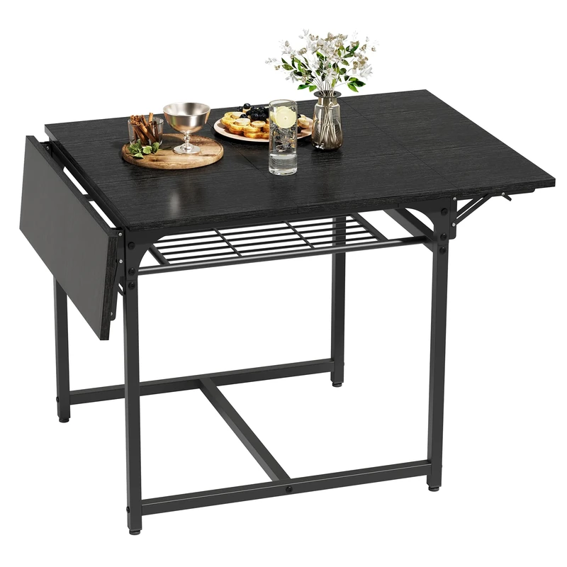 YITAHOME Folding Dining Table, Extendable Drop Leaf Table with Storage Rack and 4 Adjustable Legs, Seats 2-6 People, 120 x 78 x 75cm, Black
