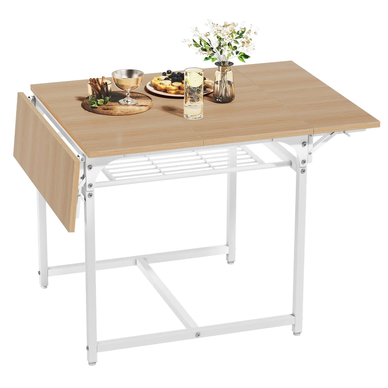 YITAHOME Folding Dining Table, Extendable Drop Leaf Table with Storage Rack and 4 Adjustable Legs, Seats 2-6 People, 120 x 78 x 75cm, Yellow Oak and White