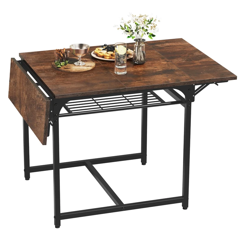 YITAHOME Folding Dining Table, Extendable Drop Leaf Table with Storage Rack and 4 Adjustable Legs, Seats 2-6 People, 120 x 78 x 75cm, Rustic Brown and Black