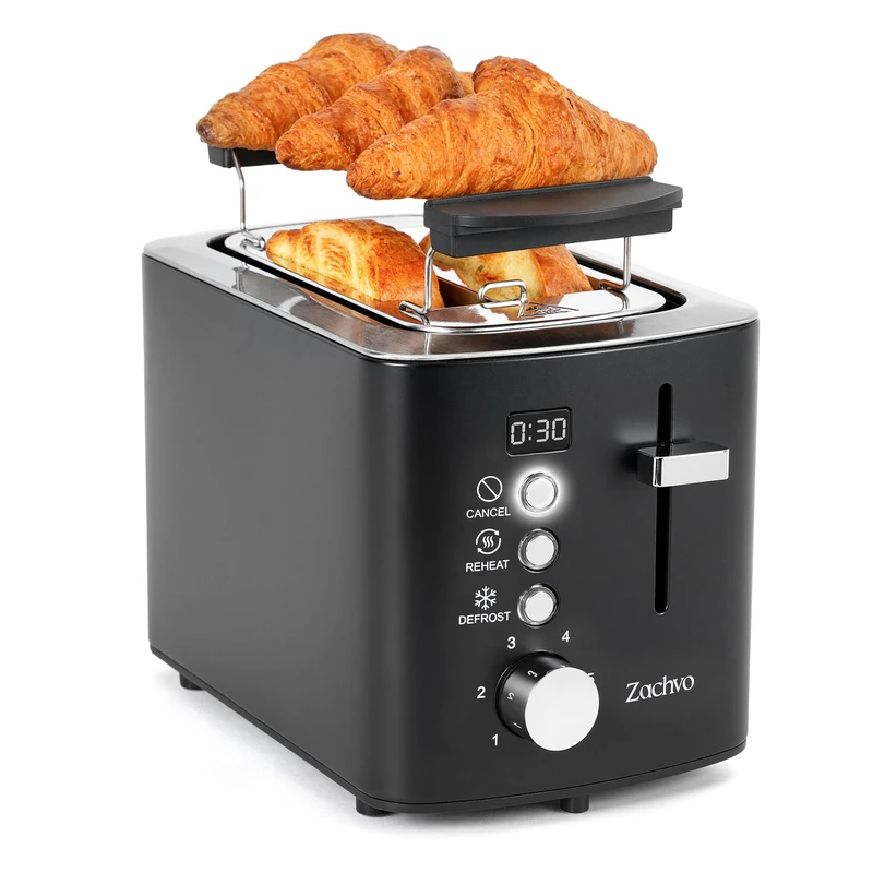 2 Slice Toaster, LED Countdown Timer, 6 Browning Setting - Bread Toasters with Warming Rack and Removable Crumb Tray,Defrost/Reheat/Cancel,1.1m Long Cord, Stainless Steel,Matte Black