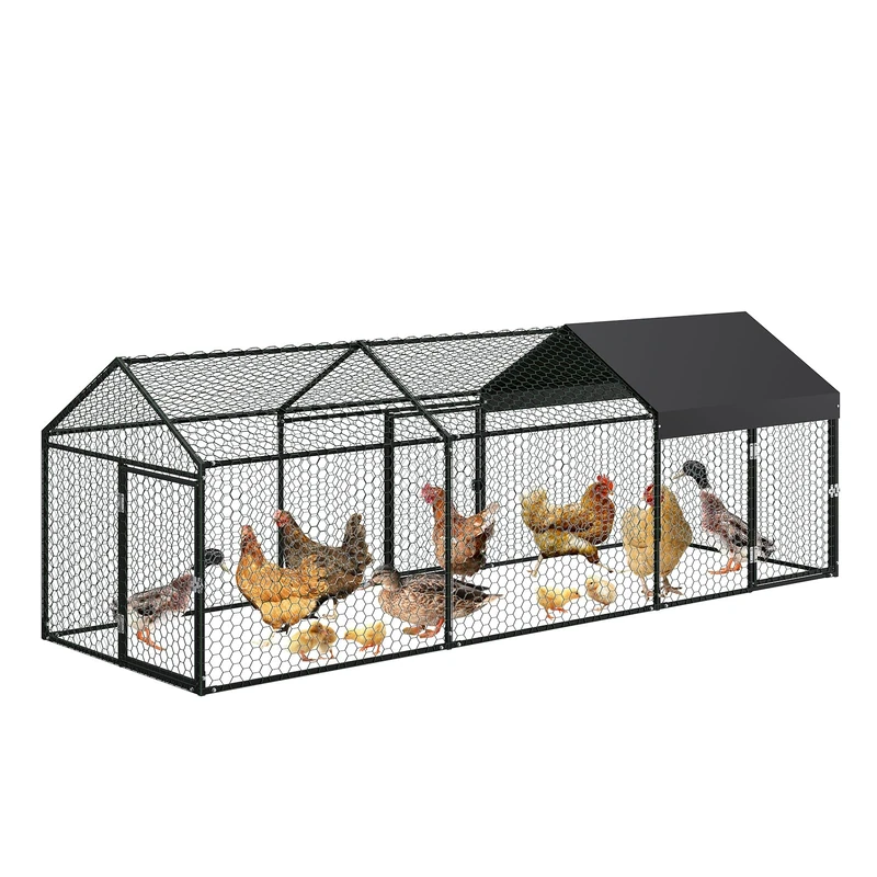 Large Chicken Coop with 3 Doors, Outdoor Enclosure 3 x 1 x 1 m, Walk-In Chicken Coop Galvanised with Roof Cover, Chicken Enclosure Stable Poultry Coop Outdoor Enclosure for Chickens, Small Animals