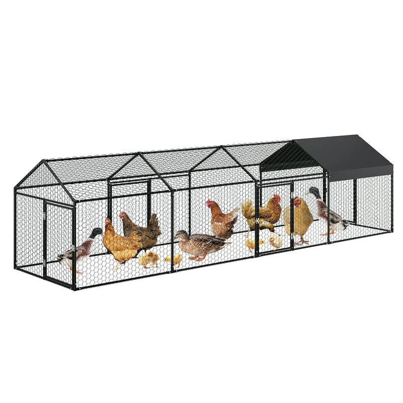 Large Chicken Coop with 4 Doors, Outdoor Enclosure 4 x 1 x 1 m, Walk-In Chicken Coop Galvanised with Roof Cover, Stable Poultry Coop Outdoor Enclosure for Chickens, Small Animals, Black