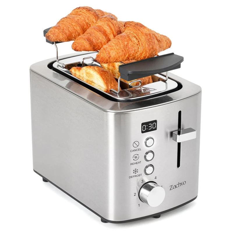 2 Slice Toaster, LED Countdown Timer, 6 Browning Setting - Bread Toasters with Warming Rack and Removable Crumb Tray,Defrost/Reheat/Cancel,1.1m Long Cord, Stainless Steel, Silver