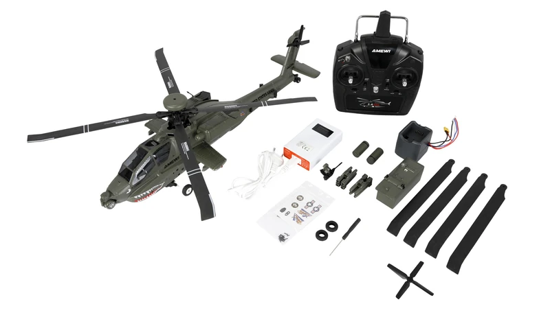Apache AH-64D CP Helicopter 6G/3D RTF Green with Remote Control, Battery, Charging Cable, Accessories